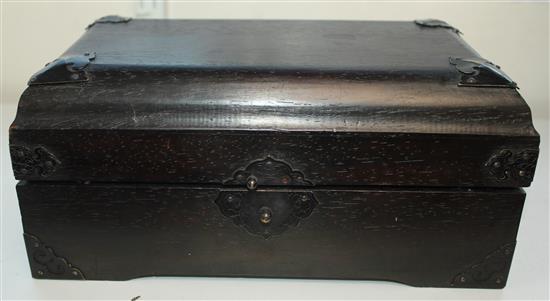 A Chinese green hardstone scholars writing box and accessories, 21cm contained in a hardwood box, 26cm